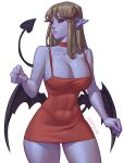 1girl absurdres black_sclera black_tail black_wings brown_hair brown_horns choker collarbone colored_sclera colored_skin covered_navel demon_horns demon_tail demon_wings dress fingernails highres horns long_hair low_wings m4rjinn original parted_lips pointy_ears purple_skin red_choker red_dress red_eyes signature solo tail wings 