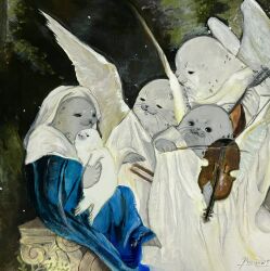  angel angel_wings animal animalization cosplay feathered_wings fine_art_parody hana_usagi_(pm_nw5) highres instrument jesus la_vierge_aux_anges mother_and_child music no_humans painting_(medium) parody playing_instrument seal_(animal) sitting traditional_media violin virgin_mary virgin_mary_(cosplay) white_wings wings 