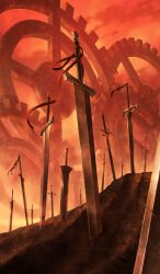  clouds cloudy_sky commentary fate/grand_order fate_(series) field_of_blades gears lasengle no_humans official_art orange_background orange_sky orange_theme outdoors planted planted_sword red_ribbon ribbon scenery sky still_life sword third-party_source unlimited_blade_works_(reality_marble) weapon 