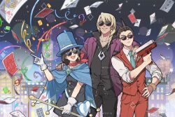  1girl 2boys ace_attorney antenna_hair apollo_justice apollo_justice:_ace_attorney aqua_necktie arm_over_shoulder black_dress black_pants black_shirt blonde_hair blue_cape blue_hat blush brown_hair cape card chain chain_necklace cityscape collared_shirt confetti cowboy_shot dress drill_hair earrings floating_card frown gem gloves green_gemstone hair_over_shoulder hand_on_own_hip hand_up hat holding jacket jewelry klavier_gavin medium_hair multiple_boys necklace necktie night night_sky open_clothes open_jacket open_mouth pants playing_card purple_jacket red_pants red_scarf red_vest ring scarf senki_xl shirt short_hair single_earring sky smile strapless strapless_dress sunglasses teeth top_hat trucy_wright upper_teeth_only vest waist_bag white_gloves white_shirt 