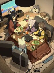  4girls absurdres ahoge animal_ears black_hair box brown_hair cardboard_box cat_ears cellphone cup dog_ears food fox_ears fruit highres hololive hololive_gamers hotpot inugami_korone kotatsu listener_(inugami_korone) mandarin_orange miofa_(ookami_mio) miteiru_(shirakami_fubuki) mug multiple_girls nekomata_okayu nintendo_switch nintendo_switch_pro_controller onigirya_(nekomata_okayu) ookami_mio oven_mitts phone purple_hair shirakami_fubuki smartphone sukonbu_(shirakami_fubuki) table television virtual_youtuber white_hair wolf_ears yanoyu 