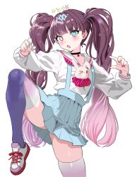  absurdres black_hair blue_skirt blush heterochromia highres long_hair magical_girl mahou_shoujo_ikusei_keikaku mahou_shoujo_ikusei_keikaku_aces nakano_sorami open_mouth pseudo_k school_uniform shoes skirt standing standing_on_one_leg thigh-highs twintails white_thighhighs 