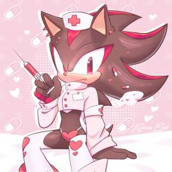  1boy animal_ears animal_nose black_fur censored closed_mouth crop_top earrings furry furry_male hat heart heart_censor hedgehog_boy highres holding holding_syringe jewelry kazuna_endi long_hair long_sleeves looking_at_viewer male_focus nurse_cap pill pink_background pink_shirt red_eyes red_fur shadow_the_hedgehog shirt short_tail simple_background sitting solo sonic_(series) syringe tail two-tone_fur upper_body 