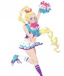  1girl artist_request blonde_hair blue_eyes bow cheerleader cheerleader_cookie closed_mouth cookie_run full_body hair_bow happy humanization lips looking_at_viewer non-web_source personification pom_pom_(cheerleading) ponytail simple_background smile solo 