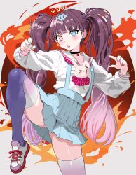  absurdres black_hair blue_skirt blush heterochromia highres long_hair magical_girl mahou_shoujo_ikusei_keikaku mahou_shoujo_ikusei_keikaku_aces nakano_sorami open_mouth pseudo_k school_uniform shoes skirt standing standing_on_one_leg thigh-highs twintails white_thighhighs 