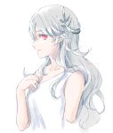  1girl bangs bare_arms byleth_(fire_emblem) byleth_eisner_(female) closed_mouth collarbone corrin_(fire_emblem) corrin_(fire_emblem)_(female) cropped_arms curly_hair fire_emblem fire_emblem:_three_houses fire_emblem_fates grey_hair hair_between_eyes long_hair pointy_ears red_eyes robaco shiny shiny_hair shirt simple_background sketch sleeveless sleeveless_shirt smile solo upper_body very_long_hair white_background white_shirt 