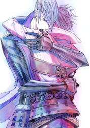  2boys armor brown_hair closed_eyes cowboy_shot grey_hair hair_over_one_eye hug ishida_mitsunari_(sengoku_basara) japanese_armor jinbaori kaoru male_focus multiple_boys popped_collar sengoku_basara shima_sakon_(sengoku_basara) short_hair simple_background white_background 