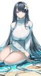  1girl bangs black_hair blue_eyes bracelet breasts gu_luco highres in_water jewelry large_breasts long_hair looking_at_viewer original seiza sitting solo thighs vietnamese_clothes vietnamese_dress water wet 