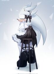  1boy animal_ears animal_nose black_bow black_shoes black_skirt bow closed_eyes closed_mouth full_body furry furry_male grey_background grey_fur hedgehog_boy highres kazuna_endi maid maid_headdress male_focus on_stool puffy_short_sleeves puffy_sleeves shirt shoes short_sleeves silver_the_hedgehog simple_background sitting skirt socks solo sonic_(series) sonic_the_hedgehog_(2006) white_shirt white_socks 