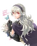  3girls :d bangs black_gloves black_sleeves byleth_(fire_emblem) byleth_eisner_(female) byleth_eisner_(male) cape corrin_(fire_emblem) corrin_(fire_emblem)_(female) detached_sleeves fire_emblem fire_emblem:_three_houses fire_emblem_fates frilled_sleeves frills gloves grey_cape grey_hair grey_hairband hair_between_eyes hairband holding long_hair long_sleeves looking_back multiple_girls open_mouth red_eyes robaco shiny shiny_hair sketch smile solo_focus twitter_username very_long_hair white_background 