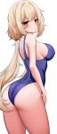  1girl absurdres ass blonde_hair blue_swimsuit blush breasts closed_mouth eyebrows_visible_through_hair highres landel large_breasts long_hair looking_at_viewer low_twintails one-piece_swimsuit original pointy_ears red_eyes simple_background smile solo swimsuit thighs twintails white_background 