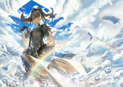  1girl animal_ears arknights bird black_gloves braid breasts can clouds cloudy_sky commentary cow_ears cow_tail cowboy_shot english_commentary flower garter_straps gloves grey_hair grey_horns grey_shirt hair_between_eyes hair_flower hair_ornament highres holding holding_can horns looking_at_viewer pallas_(a_drip_of_orea_and_potamous)_(arknights) pallas_(arknights) parted_lips paulluxh puffy_short_sleeves puffy_sleeves rainbow shirt short_hair short_sleeves side_braids sky small_breasts solo tail teeth too_many too_many_birds yellow_eyes 