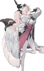  1girl absurdres animal_ears black_gloves breasts brown_eyes cape card closed_mouth fake_animal_ears fate/grand_order fate_(series) fox_tail fur-trimmed_cape fur_collar fur_trim glasses gloves hair_between_eyes hand_on_own_hip highres holding holding_card koyanskaya_(assassin)_(second_ascension)_(fate) koyanskaya_(fate) long_hair long_sleeves looking_at_viewer medium_breasts mimulishizi pantyhose pink_hair rabbit_ears simple_background smile solo standing standing_on_one_leg tail tamamo_(fate) twintails very_long_hair white_background white_cape white_pantyhose white_sleeves 
