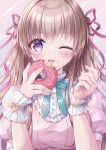  1girl ;d bangs blue_bow blush bow breasts brown_hair commentary_request doughnut eyebrows_visible_through_hair food food_on_face hair_between_eyes hair_ribbon hands_up highres holding holding_food kohinata_hoshimi long_hair medium_breasts one_eye_closed original pink_background pink_shirt puffy_short_sleeves puffy_sleeves purple_ribbon ribbon shirt short_sleeves smile solo two_side_up upper_body violet_eyes wrist_cuffs 
