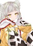  1girl animal_ears bangs blunt_bangs bodysuit cat_ears cat_girl facial_mark flat_chest gloves highres nanase_nao nia_(xenoblade) short_hair simple_background solo white_background white_gloves xenoblade_chronicles_(series) xenoblade_chronicles_2 yellow_bodysuit yellow_eyes 