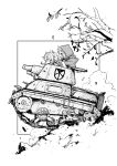  1boy 1girl braid chibi commentary_request driving grimm_(red_hood) ground_vehicle highres hood kawaguchi_yuuki looking_to_the_side military military_vehicle monochrome motor_vehicle official_art red_hood_(kawaguchi) short_hair sketch tank tree velou_(red_hood) 