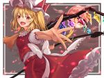  1girl :d ascot back_bow blonde_hair bow commentary_request cowboy_shot crystal eyebrows_visible_through_hair fang fingernails flandre_scarlet frilled_skirt frilled_sleeves frills hair_between_eyes hat hat_ribbon highres holding holding_polearm holding_weapon long_hair looking_at_viewer mob_cap moon multicolored_wings nail_polish open_mouth outstretched_arm outstretched_hand polearm puffy_short_sleeves puffy_sleeves red_eyes red_moon red_nails red_ribbon red_skirt red_vest ribbon sharp_fingernails shirt short_sleeves side_ponytail skirt skirt_set smile solo spear_the_gungnir touhou vest weapon white_bow white_headwear white_shirt wings yellow_ascot yu_sa1126 