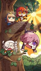  >_< 4girls ahoge artoria_pendragon_(fate) blue_cape blue_hairband bun_with_braided_base cape chibi chibi_only chinese_zodiac closed_eyes commentary crown crying crying_with_eyes_open day expressionless falling fate/grand_order fate_(series) fujimaru_ritsuka_(female) fujimaru_ritsuka_(female)_(chaldea_combat_uniform) hair_over_one_eye hairband kicking light_rays mash_kyrielight mash_kyrielight_(demi-servant) medium_hair midair mini_person minigirl multiple_girls nest official_art olga_marie_animusphere one_side_up open_mouth orange_eyes orange_hair outdoors pink_hair riyo_(lyomsnpmp) saber_(fate) short_hair sidelocks smile sun sunbeam sunlight tears third-party_source tree violet_eyes white_hair year_of_the_rooster 