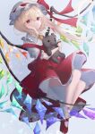  1girl absurdres bangs blonde_hair bow crystal flandre_scarlet full_body grey_background hair_between_eyes hat hat_bow hat_ribbon highres holding holding_stuffed_toy l_neconeco_l long_hair looking_at_viewer mob_cap petticoat puffy_short_sleeves puffy_sleeves red_bow red_eyes red_footwear red_ribbon red_skirt red_vest ribbon shirt shoes short_sleeves skirt skirt_set smile solo stuffed_animal stuffed_toy teddy_bear touhou vest white_headwear white_legwear white_shirt wings 