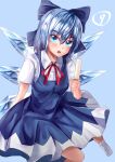  1girl absurdres blue_background blue_bow blue_dress blue_eyes blue_hair bow circled_9 cirno collared_shirt commentary_request dress eyebrows_visible_through_hair food foot_out_of_frame foreshortening hair_between_eyes hair_bow head_tilt highres holding holding_food holding_ice_cream ice ice_wings looking_at_viewer maboroshi_mochi medium_hair neck_ribbon no_shoes open_mouth pinafore_dress popsicle red_ribbon ribbon shiny shiny_hair shirt short_sleeves socks solo teeth touhou upper_teeth white_legwear white_shirt wings 