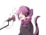  1girl ahoge ameiarts artist_name braid breasts closed_eyes commentary dragon_girl dragon_tail english_commentary eyebrows_visible_through_hair fang head_wings headphones highres microphone music musical_note nijisanji nijisanji_en open_mouth purple_hair selen_tatsuki simple_background singing solo tail teeth tongue twin_braids twitter_username upper_body watermark white_background 