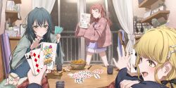  1boy 3girls absurdres blonde_hair brown_hair card fang food fruit fujita_kotone gakuen_idolmaster green_hair hanami_saki hanten_(clothes) headphones highres holding holding_card holding_paper idolmaster indoors kotatsu mandarin_orange multiple_girls old_maid paper playing_card pov pov_hands skin_fang stuffed_hedgehog sweatdrop table tsukimura_temari yo_na 