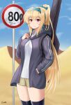  1girl alternate_costume artist_name backpack bag bangs black_legwear blonde_hair blue_sky bow breasts brown_shorts closed_mouth desert english_commentary eyebrows_visible_through_hair feet_out_of_frame gamryous girls_frontline green_bow green_hairband grey_hoodie hair_bow hairband hand_in_pocket hand_on_own_chest highres hood hooded_jacket hoodie jacket jewelry long_hair looking_at_viewer mod3_(girls&#039;_frontline) ponytail red_eyes ring road_sign sand shirt shorts sign simple_background sky solo standing sv-98_(girls&#039;_frontline) thigh-highs track_jacket weapon_case white_shirt 