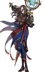  1girl absurdres animal_on_shoulder black_gloves blue_eyes blue_pantyhose brown_hair elbow_gloves fate/grand_order fate_(series) floating_hair full_body gloves highres leonardo_da_vinci_(fate) long_hair looking_at_viewer mechanical_arms mimulishizi non-humanoid_robot pantyhose robot robot_animal simple_background single_glove single_mechanical_arm smile solo white_background 