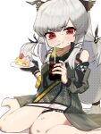  1girl arknights bangs bare_shoulders black_gloves blush cake commentary_request cup detached_sleeves dress drinking_glass drinking_straw eyebrows_visible_through_hair food fork full_body gloves hair_ornament kotonowa long_hair looking_at_viewer no_shoes plate red_eyes simple_background single_glove sitting solo thigh_strap weedy_(arknights) white_background 