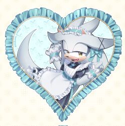 1boy :o alternate_costume animal_nose apron aqua_bow aqua_ribbon black_dress blue_necktie bow crossdressing dress fang furry furry_male grey_fur hedgehog_boy highres kazuna_endi long_hair looking_at_viewer maid maid_headdress male_focus necktie open_mouth puffy_short_sleeves puffy_sleeves ribbon short_sleeves silver_the_hedgehog simple_background solo sonic_(series) sonic_the_hedgehog_(2006) standing upper_body white_apron white_background wrist_cuffs yellow_eyes 