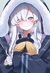  1girl akitokage anastasia_(fate) anastasia_(under_the_same_sky)_(fate) bangs blue_eyes blush breasts coat doll fate/grand_order fate_(series) hair_over_one_eye highres hood hood_up hooded_coat large_breasts long_hair looking_at_viewer smile very_long_hair viy_(fate) white_hair winter_clothes winter_coat 