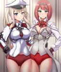  2girls absurdres ark_royal_(kancolle) bangs black_gloves blonde_hair blue_eyes blunt_bangs bob_cut breasts brown_gloves celtic_knot cleavage_cutout clothing_cutout corset cross fingerless_gloves flower gloves graf_zeppelin_(kancolle) hair_between_eyes hat highres inverted_bob iron_cross jacket kantai_collection large_breasts long_sleeves medium_breasts military military_uniform multiple_girls peaked_cap red_bloomers red_flower red_ribbon red_rose redhead ribbon rose short_hair sidelocks tiara twintails uniform violet_eyes white_corset white_jacket zanntetu 
