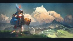  1boy accordion blue_feathers blue_sky clouds cloudy_sky cumulonimbus_cloud day feathers grass highres instrument kass mountainous_horizon music nature outdoors playing_instrument rito scenery shimekake sky solo standing the_legend_of_zelda the_legend_of_zelda:_breath_of_the_wild tree wide_shot 
