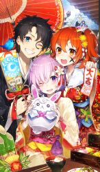  2boys 4girls artoria_pendragon_(fate) bamboo_shoot belt_pouch bento bird black_hair black_kimono blue_bird blue_eyes bow bowl chaldea_logo chinese_zodiac chopsticks commentary day elizabeth_bathory_(fate) facepaint fate/grand_order fate_(series) floral_print floral_print_kimono flower fou_(fate) fujimaru_ritsuka_(female) fujimaru_ritsuka_(male) green_bow hagoita hair_flower hair_ornament hair_over_one_eye holding holding_paddle holding_paper ibaraki_douji_(fate) japanese_clothes jeanne_d'arc_(fate) jeanne_d'arc_(ruler)_(fate) kadomatsu kimono kite kite_flying long_sleeves lost_robin_rondo mash_kyrielight medium_hair mika_pikazo multiple_boys multiple_girls new_year obi official_art oil-paper_umbrella olga_marie_animusphere omikuji one_eye_closed one_side_up orange_eyes orange_hair outdoors paddle paper pink_hair plate pouch print_kimono red_bow red_kimono riyo_(lyomsnpmp)_(style) saber_(fate) sakata_kintoki_(fate) sash short_hair shuten_douji_(fate) sky smile teeth third-party_source umbrella violet_eyes white_kimono wide_sleeves year_of_the_rooster 