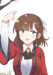  1girl absurdres asahi_(kancolle) black_hakama braid branch brown_hair coat collared_shirt dress_shirt grey_eyes hakama highres japanese_clothes kantai_collection mole mole_under_mouth one-hour_drawing_challenge red_coat robinson_(day_l_full) shirt short_hair side_braid simple_background single_braid solo upper_body white_background white_shirt 