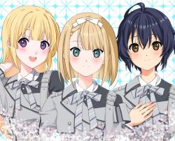  22/7 3girls :d ahoge belt_buckle black_hair blonde_hair bob_cut bow bow_hairband brown_eyes buckle buttons closed_mouth diagonal-striped_ribbon double-breasted dress fujima_sakura green_eyes grey_dress grey_ribbon hair_bow hair_rings hairband hand_in_own_hair hand_on_own_chest highres inverted_bob kamisama_datte_kimerarenai long_hair long_sleeves looking_at_viewer multiple_girls nanairo_(nanairo227) neck_ribbon one_side_up open_mouth ribbon saito_nicole short_hair single_hair_ring smile takigawa_miu teeth upper_body upper_teeth_only violet_eyes wavy_hair white_bow white_hairband 