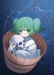  1girl bangs bucket e_sdss full_body green_eyes green_hair hair_bobbles hair_ornament highres holding holding_skull in_bucket in_container japanese_clothes kimono kisume looking_at_viewer short_hair skull solo touhou two_side_up white_kimono wooden_bucket 