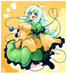  1girl absurdres adapted_costume ahoge alternate_hair_length alternate_hairstyle black_footwear blouse breasts capelet commentary_request eyeball frilled_skirt frilled_sleeves frills full_body green_capelet green_eyes green_hair green_skirt heart heart_of_string highres komeiji_koishi long_hair long_sleeves looking_at_viewer medium_breasts no_hat no_headwear open_mouth scavia10 shirt skirt solo third_eye touhou wide_sleeves yellow_background yellow_shirt 