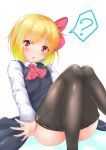  1girl ? ascot ass bangs black_skirt black_vest blonde_hair blush clothes_pull collared_shirt commentary_request convenient_leg expressionless feet_out_of_frame hair_ribbon head_tilt highres long_sleeves looking_to_the_side pantyhose pantyhose_pull parted_lips red_ascot red_eyes red_ribbon ribbon rody_(hayama_yuu) rumia shiny shiny_hair shirt sidelocks simple_background sitting skirt skirt_set solo spoken_question_mark touhou vest white_background white_shirt 