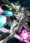  absurdres chikuwa_1st_koujou clenched_hand explosion flying gundam gundam_seed highres laser mecha mobile_suit no_humans original red_eyes solo space v-fin 