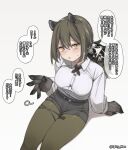  1girl animal_ears animal_hands arknights arm_support black_ribbon black_shorts breasts brown_hair collared_shirt freckles green_legwear highres invisible_chair leg_tattoo legwear_under_shorts long_hair long_sleeves looking_at_viewer neck_ribbon pantyhose ponytail raccoon_ears ribbon robin_(arknights) shadow shirt shorts sitting small_breasts solo speech_bubble spicy_moo sweatdrop tattoo twitter_username white_hair white_shirt yellow_eyes 