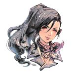  1girl black_hair closed_mouth earrings elezen elf final_fantasy final_fantasy_xiv hair_between_eyes highres hilda_ware hybrid hyur jewelry leki_ixion lips long_hair looking_at_viewer pointy_ears ponytail portrait red_eyes smile solo white_background 