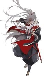  1boy absurdres amakusa_shirou_(fate) amakusa_shirou_(third_ascension)_(fate) ascot commentary_request cross dark-skinned_male dark_skin earrings fate/grand_order fate_(series) full_body highres holding holding_cross japanese_clothes jewelry jinbaori kataginu katana long_hair looking_at_viewer male_focus miike_tenta_mitsuyo_(fate) mimulishizi ponytail ribbon simple_background solo sword very_long_hair weapon white_ascot white_background white_hair wide_sleeves yellow_eyes 