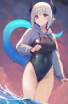  1girl :o absurdres bangs bird black_swimsuit breasts clouds commentary covered_navel cropped_hoodie drawstring grey_hair grey_hoodie groin highleg highleg_swimsuit highres hood hood_down hoodie horns large_breasts light_blush looking_to_the_side medium_hair original parted_lips pointy_ears red_eyes ryou_(ponpgo) sky solo swimsuit symbol-only_commentary tail thighs wading water wet 