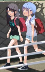 2girls backpack bag black_shirt black_shoes black_socks black_t-shirt blue_bow blue_eyes blue_hair blue_shirt bow breast_pocket breasts brown_hair checkered_socks clothes_writing commentary_request flower full_body gradient_eyes green_shorts hair_bow hair_flower hair_ornament half_up_braid hayakawa_sena_(pei_iriya) highres long_hair looking_at_viewer low_twintails multicolored_eyes multiple_girls open_mouth original outdoors pei_iriya pocket randoseru red_bag shirt shoes short_shorts short_sleeves shorts small_breasts smile sneakers socks t-shirt twintails two-tone_eyes violet_eyes walking white_shirt white_t-shirt