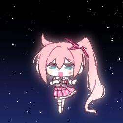  1girl aqua_eyes chibi commentary facial_mark floating hair_between_eyes hair_ornament long_hair looking_at_viewer lowres ojingeo11110 open_mouth pink_hair pink_skirt pleated_skirt side_ponytail skirt solo star_(symbol) star_facial_mark star_hair_ornament synthesizer_v uni_(synthv) uni_(vocaloid) very_long_hair vocaloid 