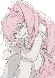  1girl :d blue_eyes commentary_request facial_mark grey_thighhighs hair_between_eyes hair_ornament highres korean_commentary looking_at_viewer lower_teeth_only munjiduck open_mouth pink_hair side_ponytail simple_background single_thighhigh sketch smile solo star_(symbol) star_facial_mark star_hair_ornament synthesizer_v teeth thigh-highs tongue uni_(synthv) uni_(vocaloid) vocaloid white_background 