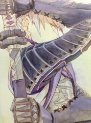  1boy armor from_side gloves green_eyes holding holding_sword holding_weapon ishida_mitsunari_(sengoku_basara) japanese_armor katana looking_at_viewer makaron611 male_focus sengoku_basara sheath short_hair solo sword traditional_media unsheathing upper_body weapon white_hair 
