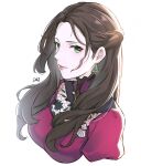  1girl braid breasts brown_hair commentary_request cropped_torso da-cart dorothea_arnault dress earrings fire_emblem fire_emblem:_three_houses fire_emblem_warriors:_three_hopes forehead french_braid grey_eyes highres jewelry large_breasts long_hair pink_dress puffy_sleeves simple_background solo upper_body white_background 