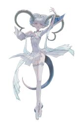  +_+ 1girl absurdres aqua_hair arm_up boots braid breasts choker crown_braid curled_horns dress fate/grand_order fate_(series) full_body green_horns hand_on_own_chest highres horns jewelry large_horns larva_tiamat_(fate) larva_tiamat_(first_ascension)_(fate) long_hair long_horns long_sleeves mimulishizi open_mouth pink_eyes pointy_ears ribbed_dress simple_background small_breasts solo symbol-shaped_pupils tail thigh_boots tiamat_(fate) tiptoes white_background white_dress wide_sleeves x-shaped_pupils 